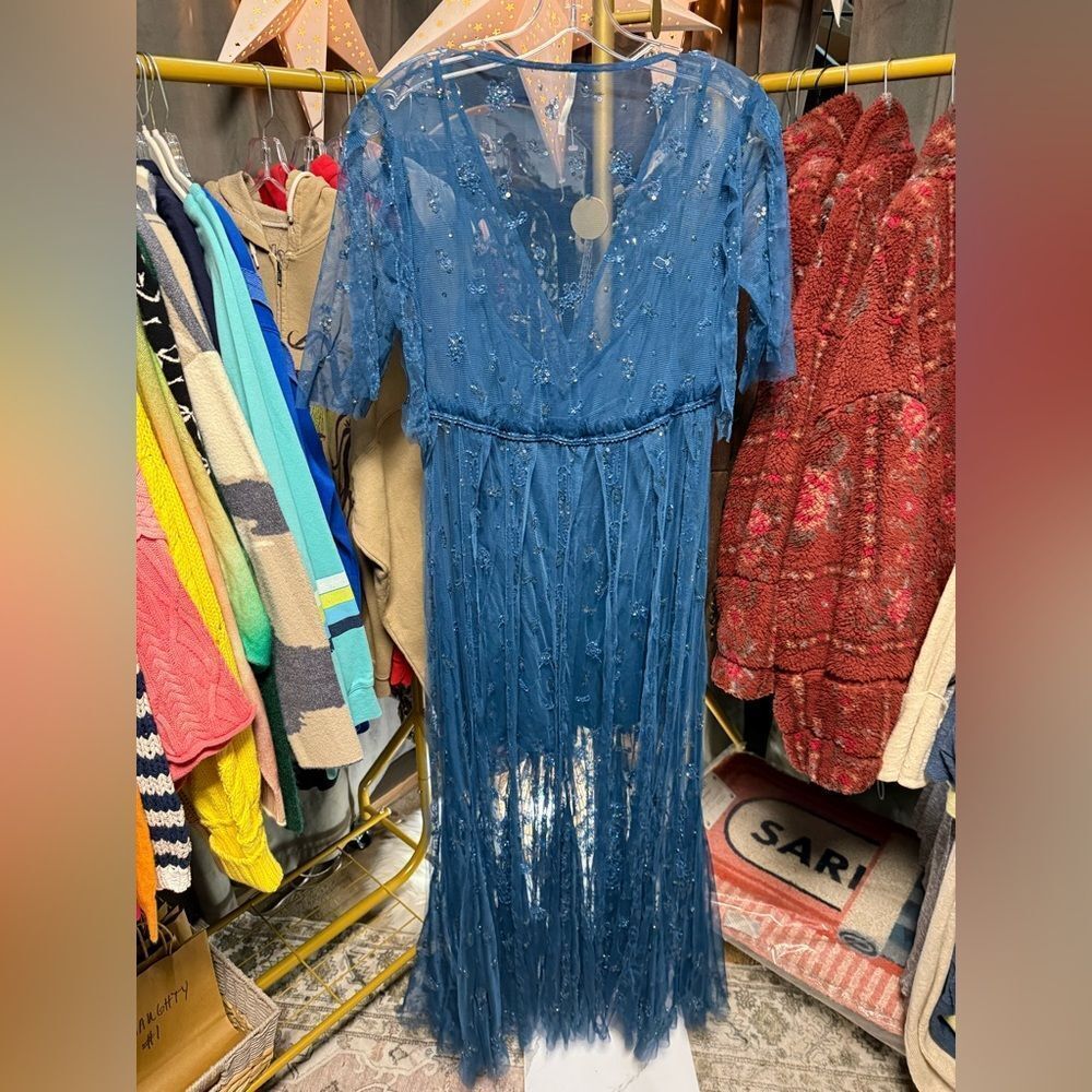 Free People Sheer Embellished Maxi Dress in Deep Blue - Picture 8 of 9